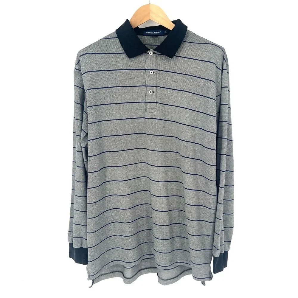 RALPH LAUREN POLO GOLF Long Sleeve Polo Shirt Mens‎ Size XL Grey Striped Cotton